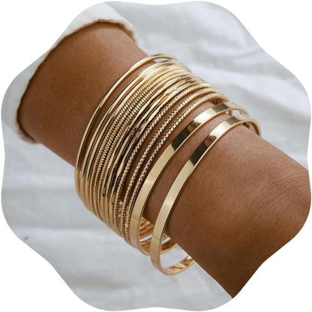 14Pcs Gold Boho Indian Multi Bangle Bracelet Set for Girls Punk Chunky Stackable